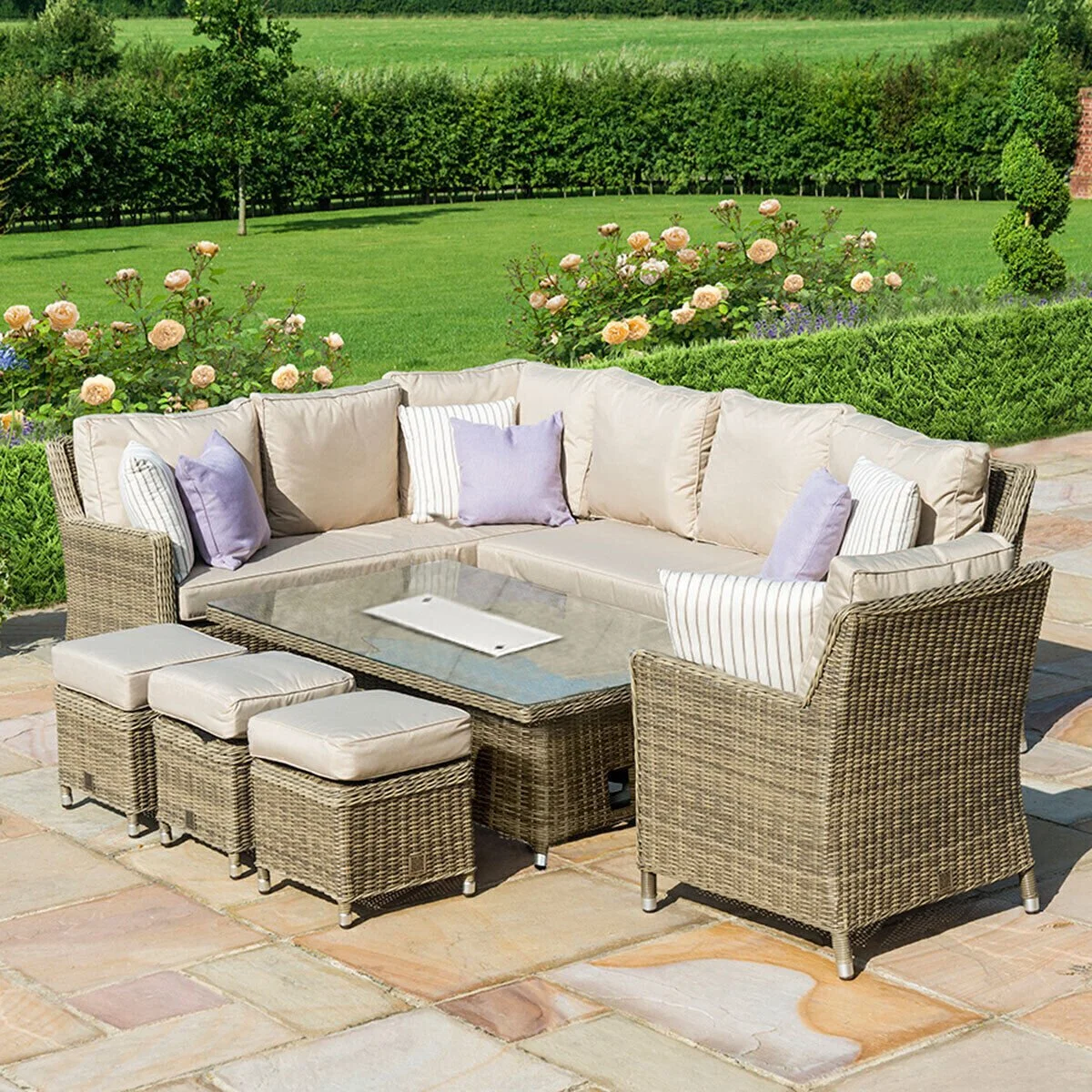 Winchester Corner Rattan Dining Set with Fire Pit Rising Table and Armchair